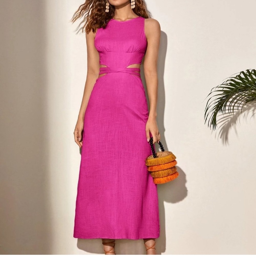 Hot Pink Boho Womens Lace Up Backless Solid Dress